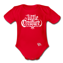 Load image into Gallery viewer, "Li'l Creature" Organic Short Sleeve Baby Bodysuit White Print - red