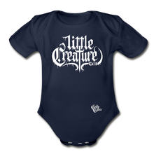 Load image into Gallery viewer, "Li'l Creature" Organic Short Sleeve Baby Bodysuit White Print - dark navy
