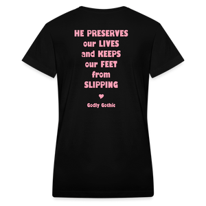 "SlipNot" Women's V-Neck T-Shirt Hearted Pink Font - black