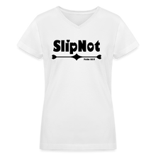 Load image into Gallery viewer, "SlipNot" Women's V-Neck T-Shirt Hearted Black Font - white