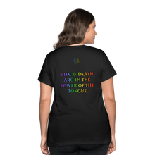 Load image into Gallery viewer, "What Dat Mouf Do" Women’s Curvy T-Shirt Rainbow Font - black