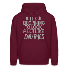 Load image into Gallery viewer, "End Times" Christmas Hoodie - Silver Print - burgundy