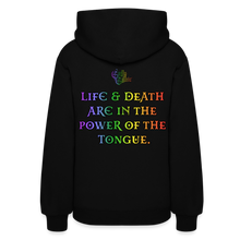 Load image into Gallery viewer, "What Dat Mouf Do" Women’s Hoodie Rainbow Font - black