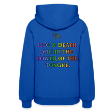 Load image into Gallery viewer, "What Dat Mouf Do" Women’s Hoodie Rainbow Font - royal blue