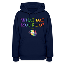 Load image into Gallery viewer, "What Dat Mouf Do" Women’s Hoodie Rainbow Font - navy