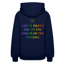 Load image into Gallery viewer, "What Dat Mouf Do" Women’s Hoodie Rainbow Font - navy