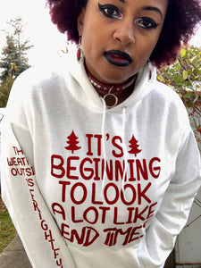 "End Times" Christmas Hoodie - Red Glitz Print