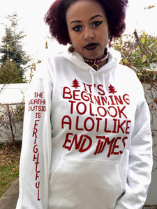 "End Times" Christmas Hoodie - Red Glitz Print