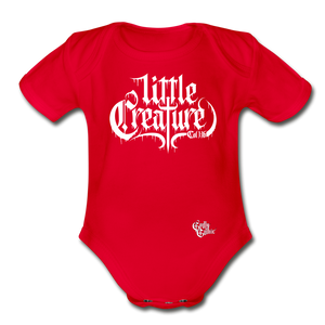 "Li'l Creature" Organic Short Sleeve Baby Bodysuit White Print - red