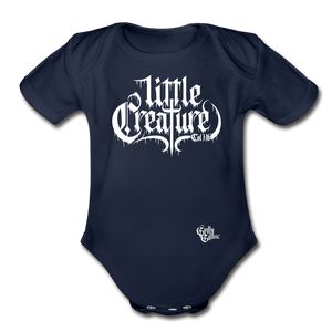 "Li'l Creature" Organic Short Sleeve Baby Bodysuit White Print - dark navy