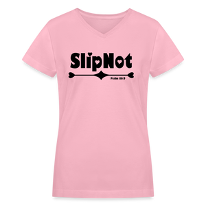 "SlipNot" Women's V-Neck T-Shirt Hearted Black Font - pink