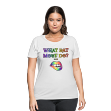 Load image into Gallery viewer, &quot;What Dat Mouf Do&quot; Women’s Curvy T-Shirt Rainbow Font - white