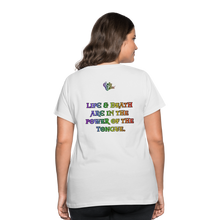 Load image into Gallery viewer, &quot;What Dat Mouf Do&quot; Women’s Curvy T-Shirt Rainbow Font - white