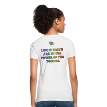 Load image into Gallery viewer, &quot;What Dat Mouf Do&quot; Women&#39;s T-Shirt Rainbow Font - white