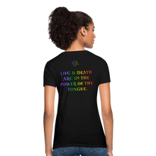 Load image into Gallery viewer, &quot;What Dat Mouf Do&quot; Women&#39;s T-Shirt Rainbow Font - black