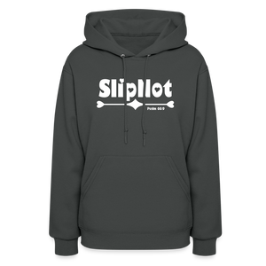 "SlipNot" Women's Hoodie White Hearted Font - asphalt