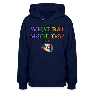 "What Dat Mouf Do" Women’s Hoodie Rainbow Font - navy